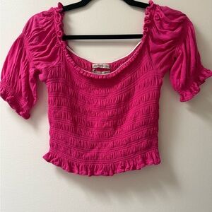 Urban Outfitters Hot Pink Smocked Puff-Sleeve Crop Top